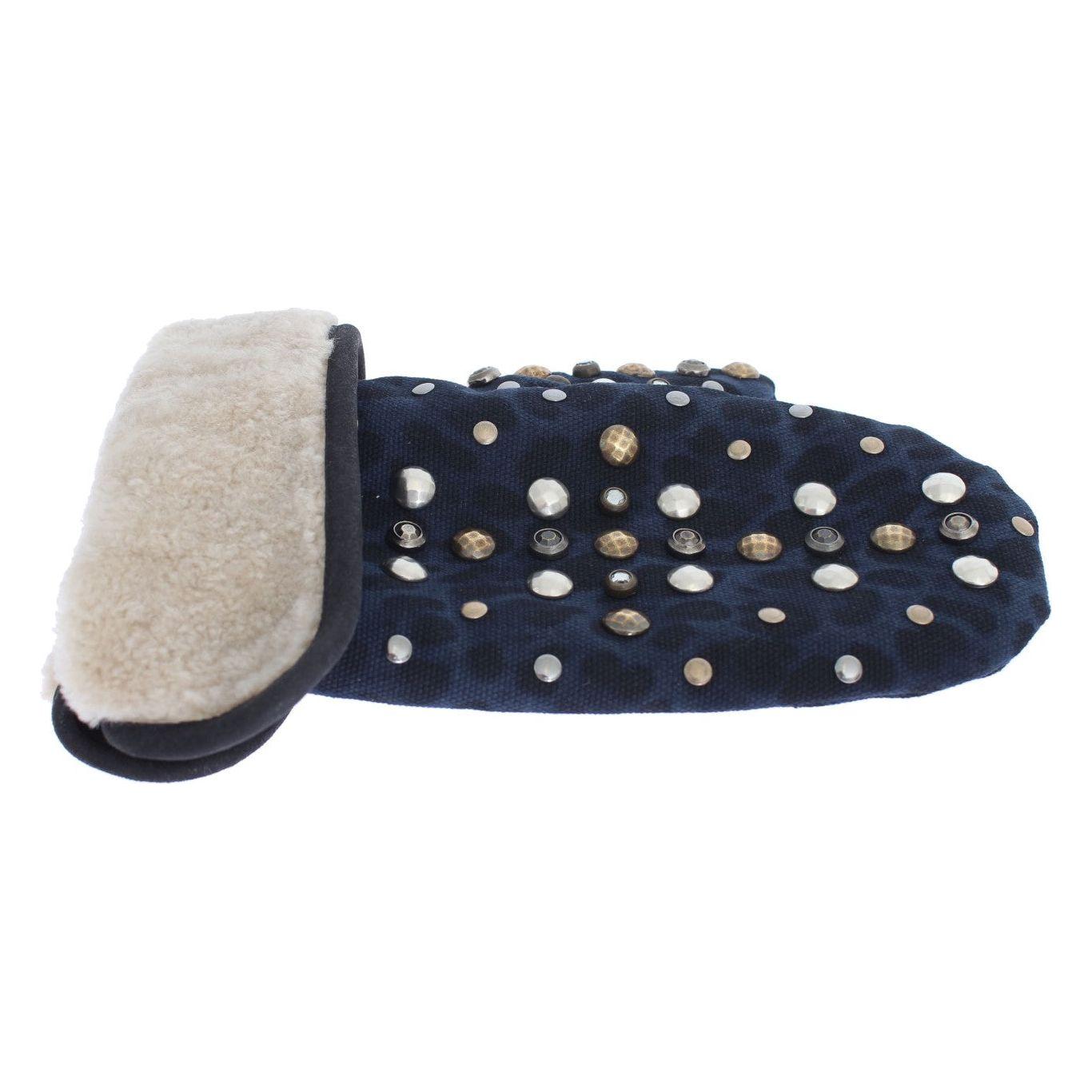 Dolce & Gabbana Gray Wool Shearling Studded Blue Leopard Gloves 1728,67345645728,9|M,Accessories,Canvas cotton,Dolce & Gabbana,Gloves - Accessories,Gloves - Men - Accessories,Gray,Material: Wool Merino Shearling,Men,Men - Accessories,New with tags