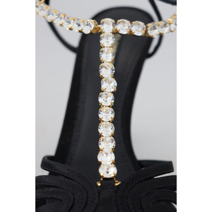 Dolce & Gabbana Black Satin Clear Crystal T-strap Sandal Shoes