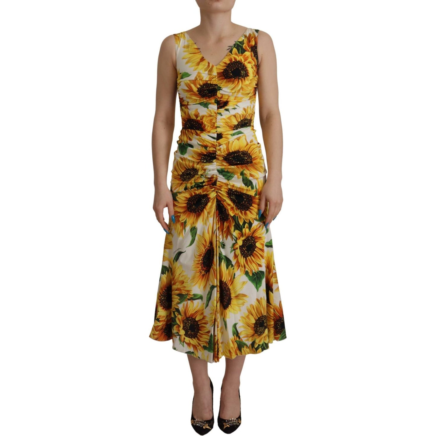 Dolce & Gabbana White Sunflower Print Sheath Midi Silk
