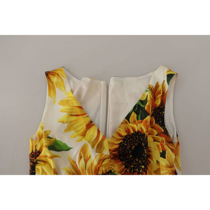 Dolce & Gabbana White Sunflower Print Sheath Midi Silk