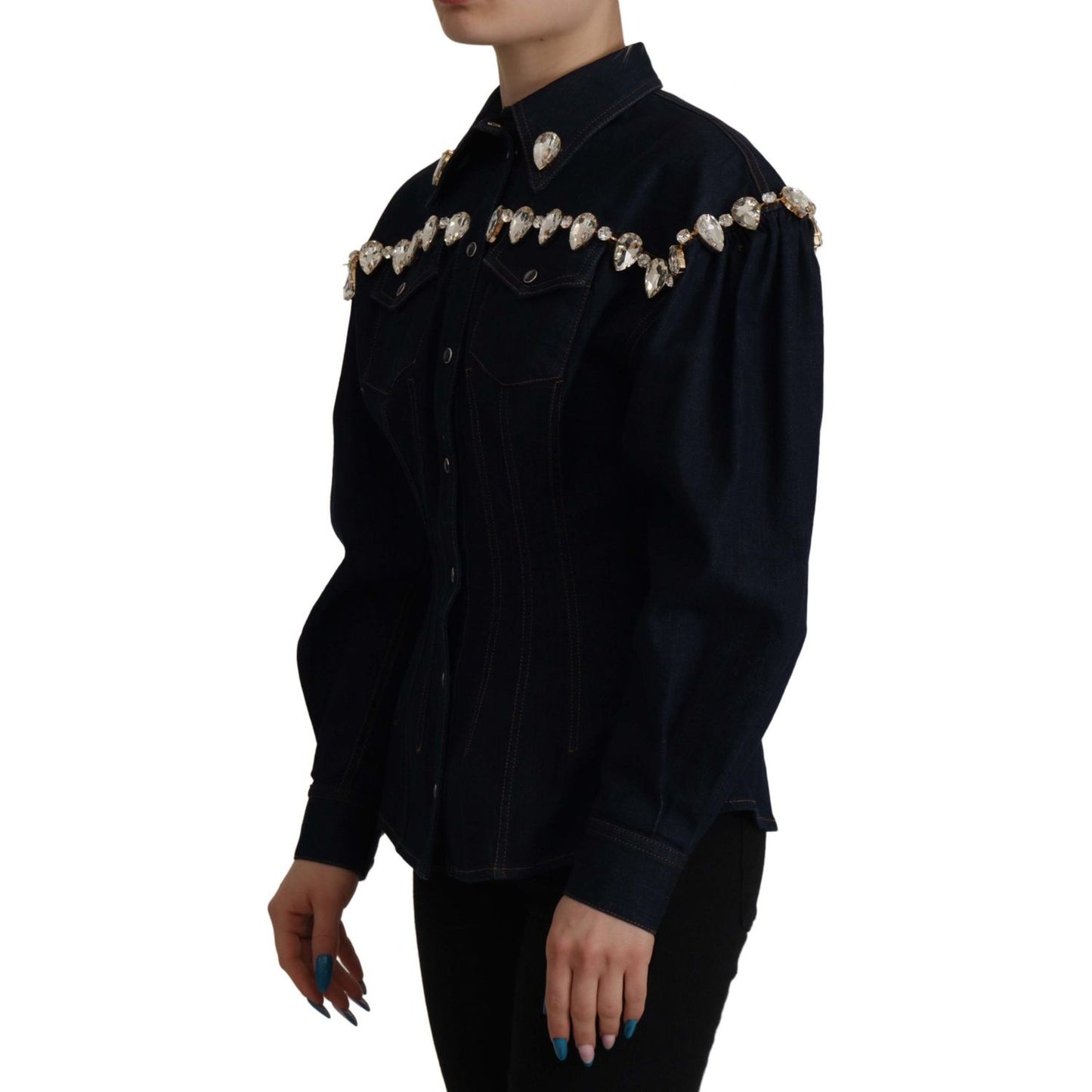 Dolce & Gabbana Blue Denim Crystal Embellish Cotton Jacket 1728,2% Elastane (stretch),67345645728,Blue,Clothing,Denim Jackets - Jackets & Coats - Clothing,Dolce & Gabbana,IT36|XXS,IT38 | XS,IT46|XL,Jackets & Coats - Clothing,Jackets & Coats - Women - Clot