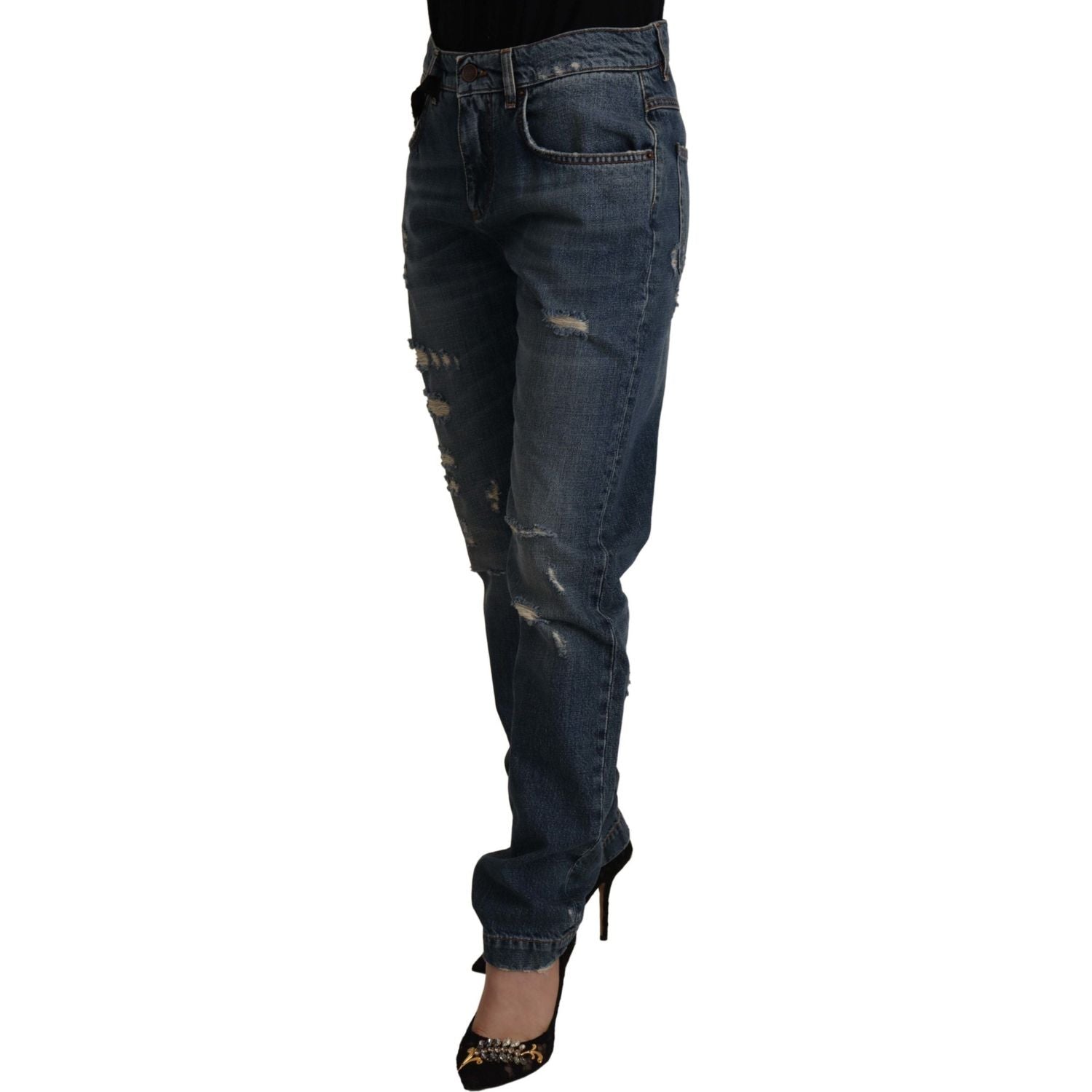 Dolce & Gabbana Blue Denim Baroque Heart Logo Patch Pants Jeans