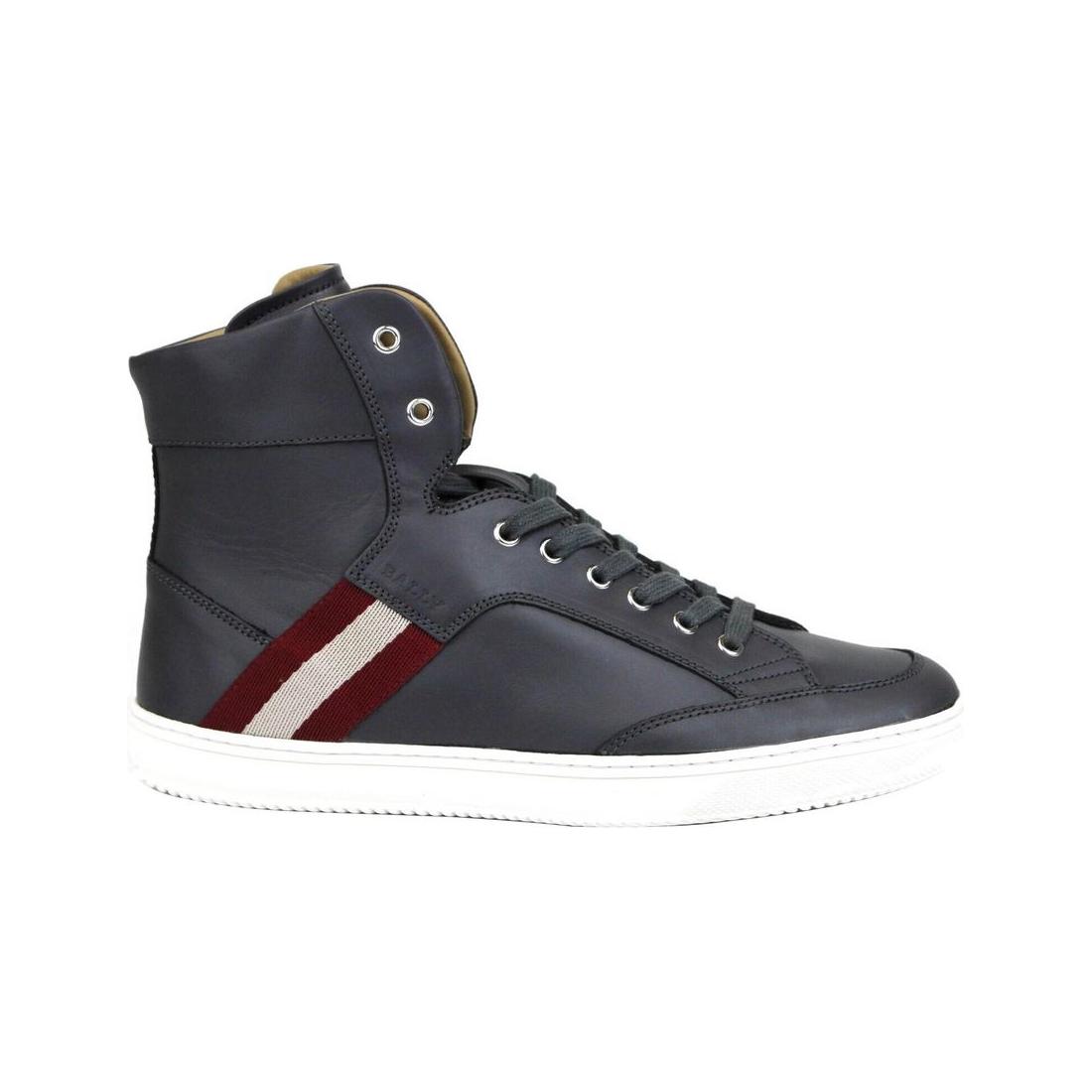 Bally Dark Grey Calf Leather Hi Top Sneaker With Red Beige Bally