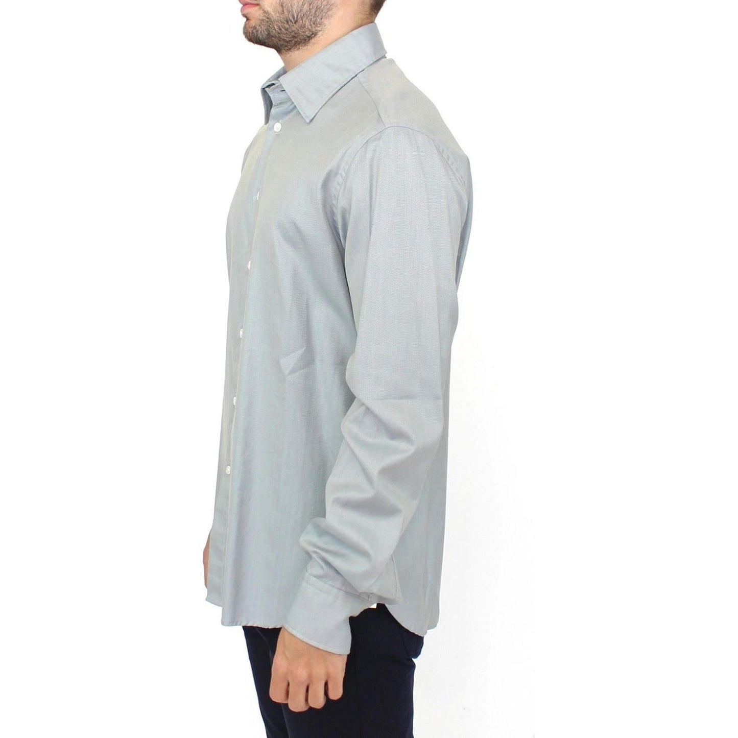 Gray cotton casual shirt showcased in side view on a male model, featuring button front and casual style.