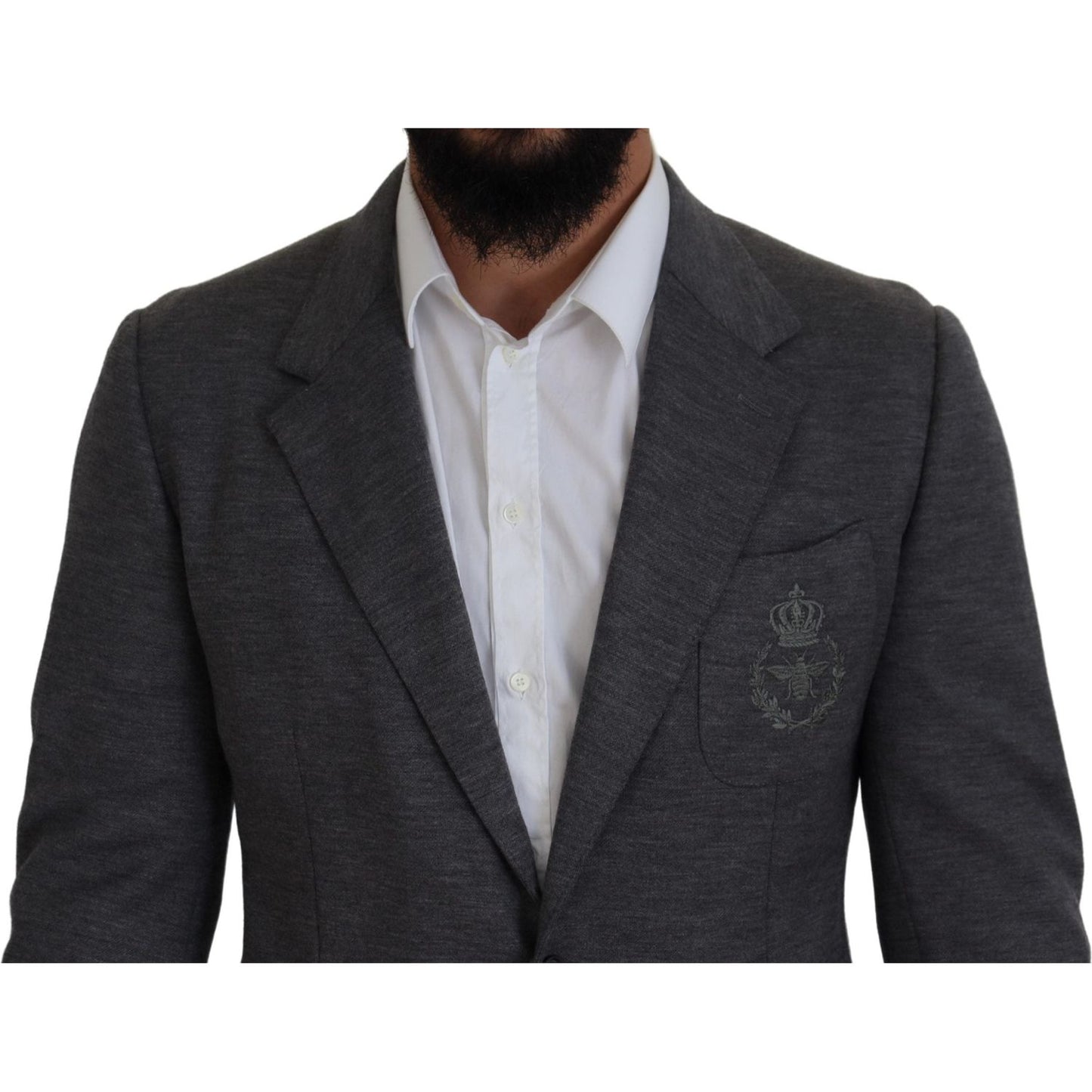 Dolce & Gabbana Elegant Gray Wool Blazer with Bee Crown Embroidery Dolce & Gabbana