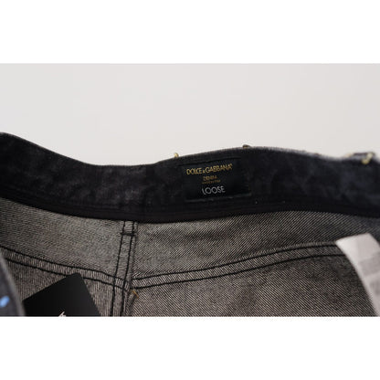 Dolce & Gabbana Black Multicolor Print Tattered Denim Jeans
