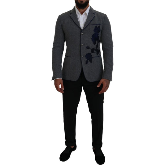 Dolce & Gabbana Elegant Gray Wool Blazer with Blue Rose Embroidery Dolce & Gabbana