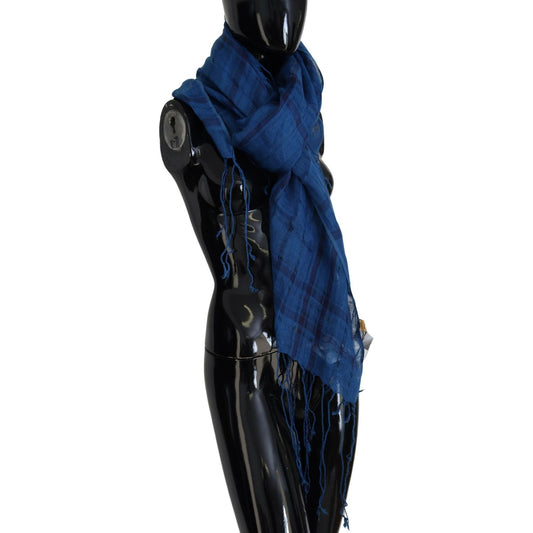 Costume National Chic Linen Fringed Scarf in Blue Checkered Costume National