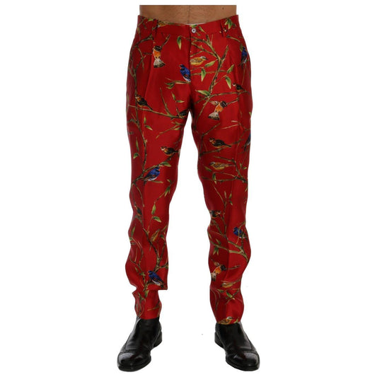 Dolce & Gabbana Elegant Silk Dress Trousers in Red Bird Print Dolce & Gabbana