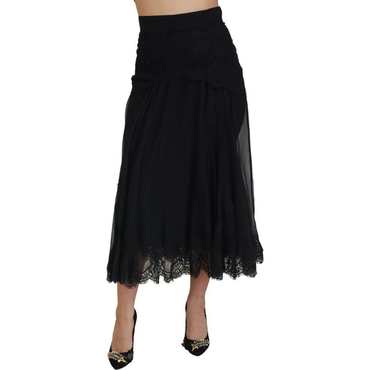 Dolce & Gabbana Black Silk Lace Trim High Waist Midi Skirt 1728,28% Cotton,5% Nylon,67345645728,Black,Clothing,Dolce & Gabbana,IT40|S,Material: 70% Silk,Midi - Skirts - Clothing,New with tags,Skirts - Clothing,Skirts - Women - Clothing,Women,Women - Cloth