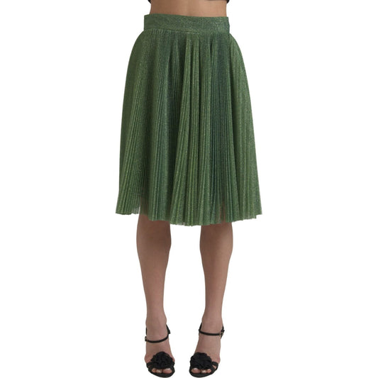 Dolce & Gabbana Metallic Green High Waist A-line Pleated Skirt 1728,36% Cotton,67345645728,Clothing,Dolce & Gabbana,Green,IT42|M,IT44|L,Material: 64% Metallic Polyester,Midi - Skirts - Clothing,New with tags,Skirts - Clothing,Skirts - Women - Clothing,Wom