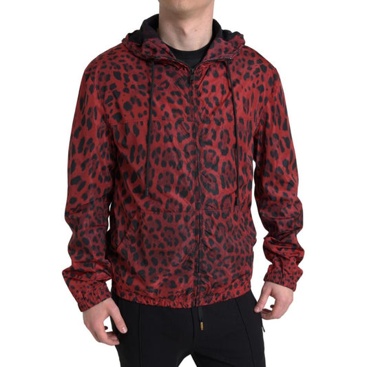 Dolce & Gabbana Red Leopard Hooded Bomber Full Zip Jacket