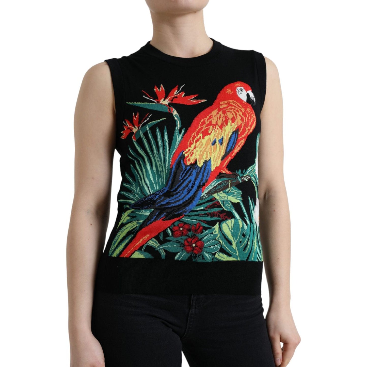 Dolce & Gabbana Elegant Crew Neck Wool Silk Tank with Bird Embroidery Dolce & Gabbana