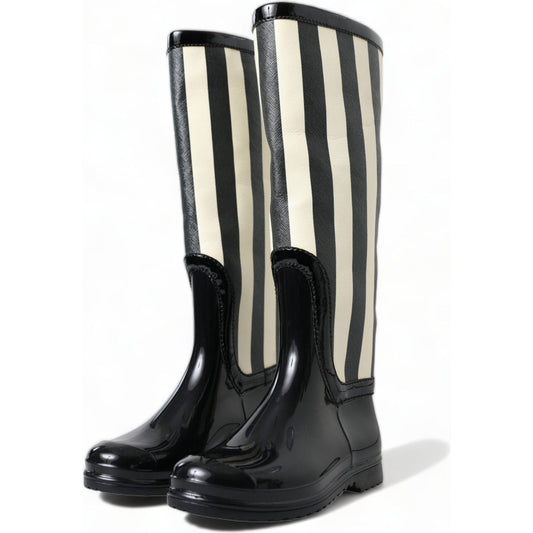 Dolce & Gabbana Black and White Striped Knee High Boots Dolce & Gabbana Light Gray