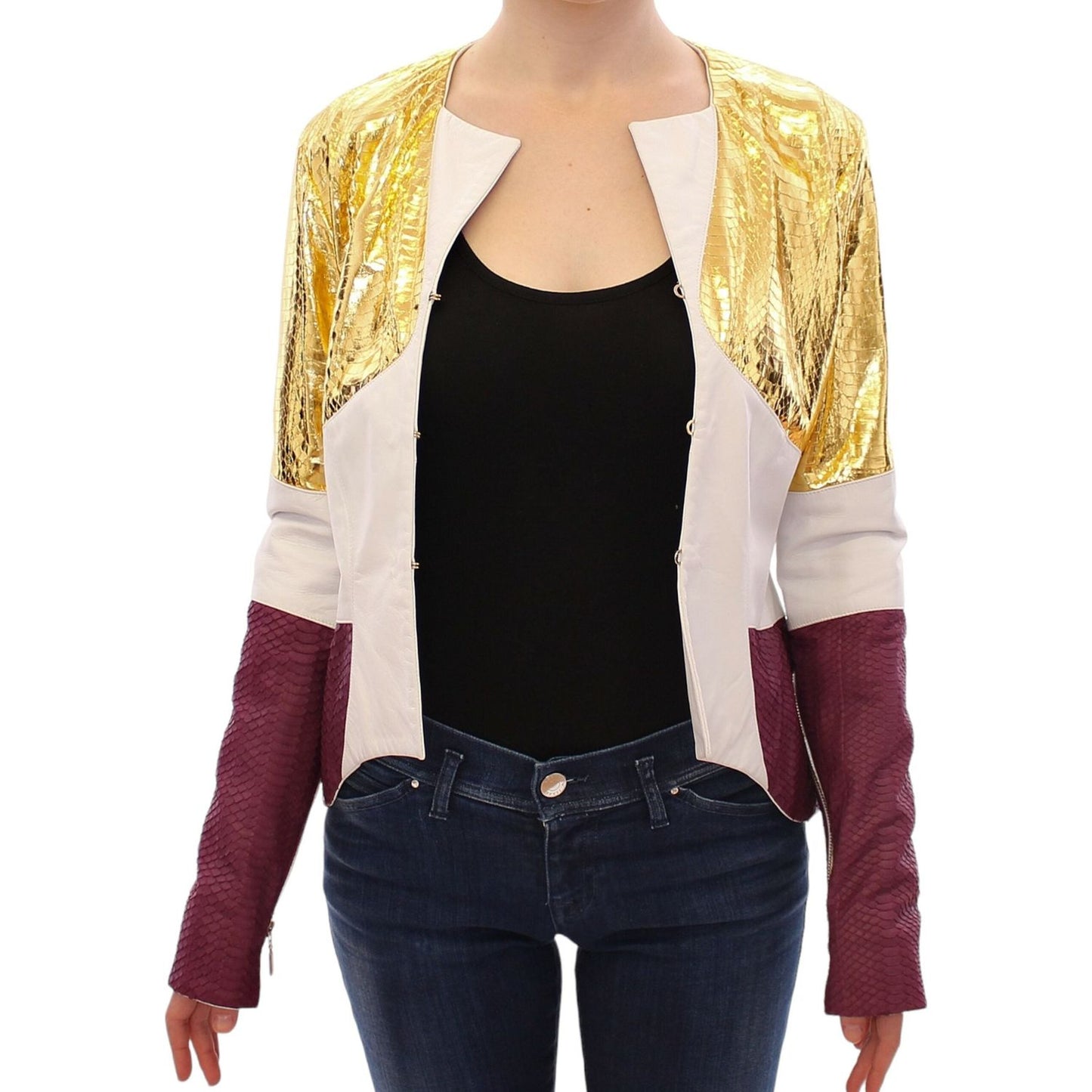 Vladimiro Gioia White Gold Purple Leather Jacket 1728,67345645728,Clothing,IT40|S,Jackets & Coats - Clothing,Jackets & Coats - Women - Clothing,Leather Jackets - Jackets & Coats - Clothing,Material: 100% Leather,New with tags,Vladimiro Gioia,White,Women,W