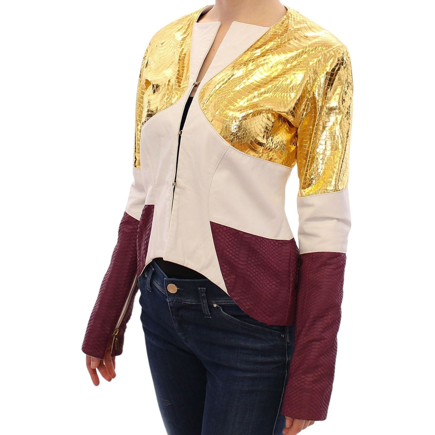 Vladimiro Gioia White Gold Purple Leather Jacket 1728,67345645728,Clothing,IT40|S,Jackets & Coats - Clothing,Jackets & Coats - Women - Clothing,Leather Jackets - Jackets & Coats - Clothing,Material: 100% Leather,New with tags,Vladimiro Gioia,White,Women,W
