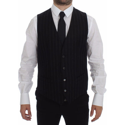 Dolce & Gabbana Black Striped Wool Logo Vest Gilet Weste