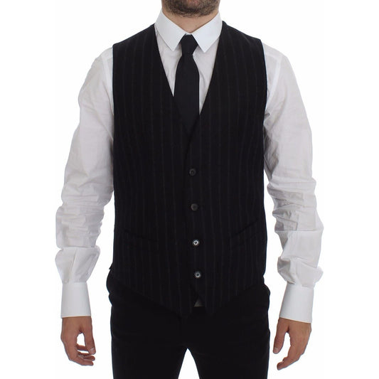 Dolce & Gabbana Black Striped Wool Logo Vest Gilet Weste