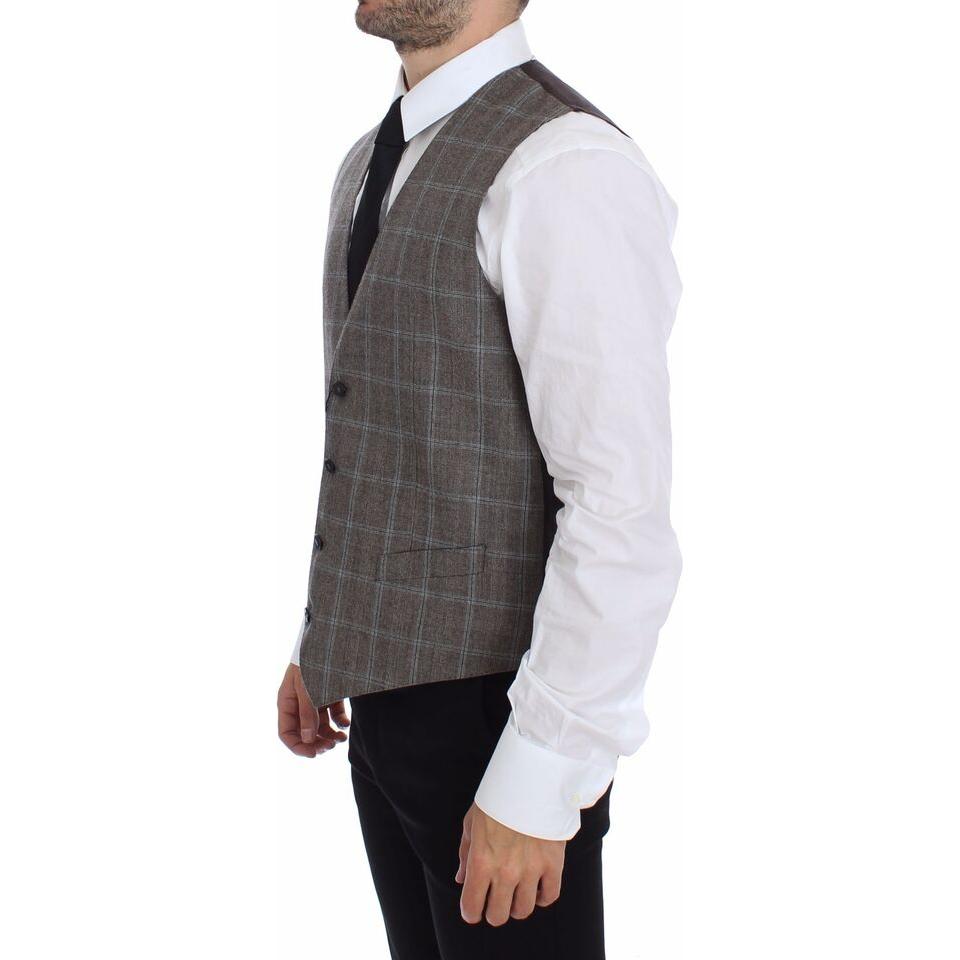 Elegant Brown Checkered Wool Dress Vest