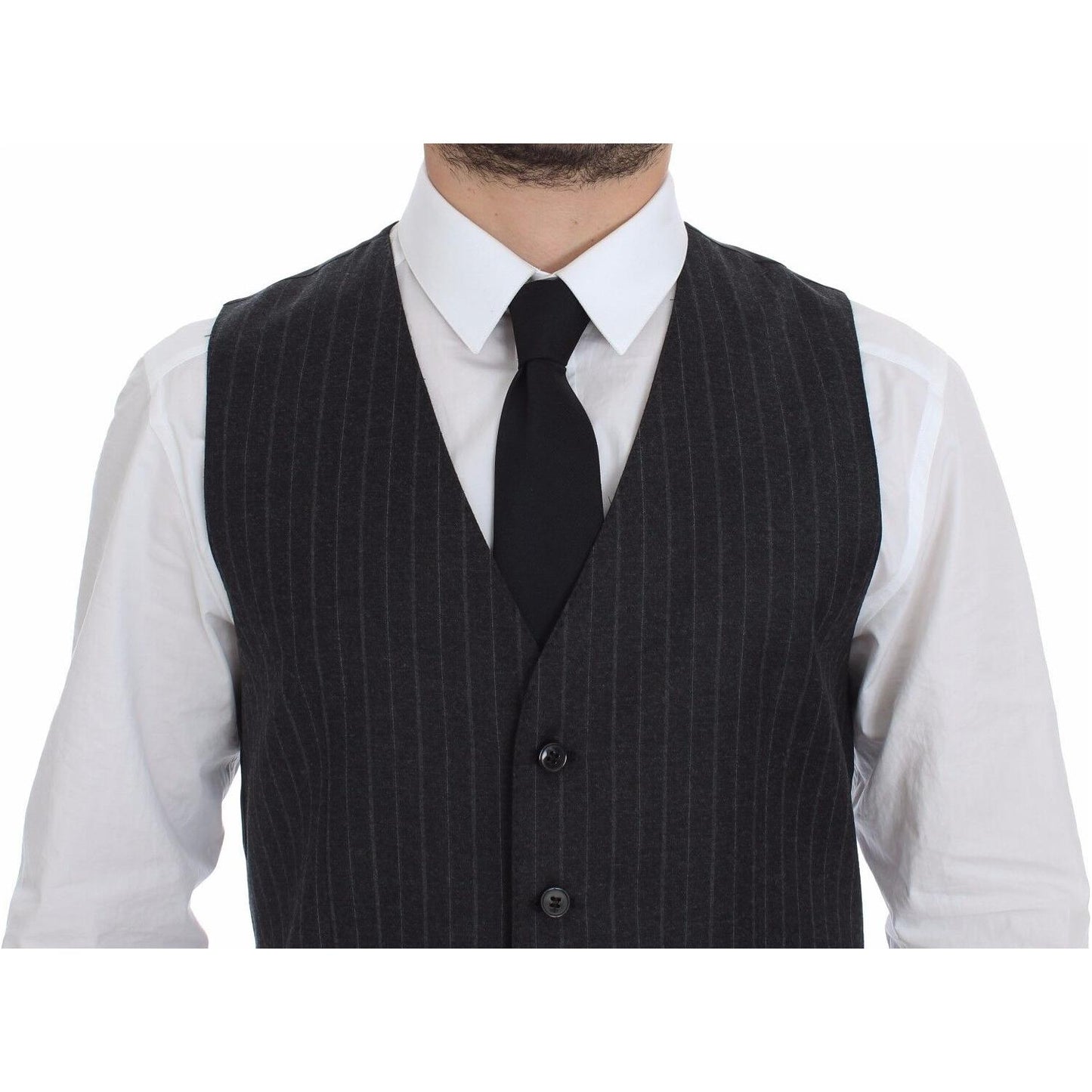 Dolce & Gabbana Gray Striped Wool Logo Vest Gilet Weste
