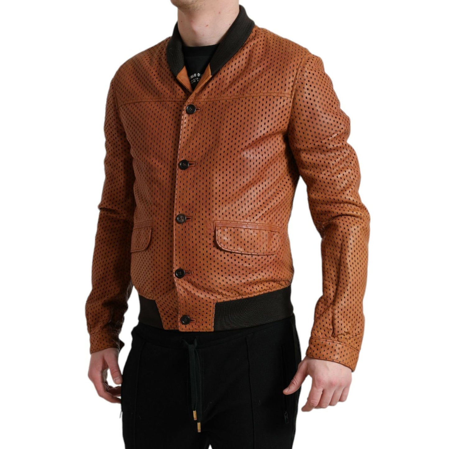 Dolce & Gabbana Brown Lambskin Leather Perforated Jacket 1728,67345645728,Bombers - Jackets & Coats - Clothing,Brown,Clothing,Dolce & Gabbana,IT44 | XS,IT46 | S,IT48 | M,Jackets & Coats - Clothing,Jackets - Men - Clothing,Leather Jackets - Jackets & Coats