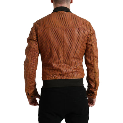 Dolce & Gabbana Brown Lambskin Leather Perforated Jacket 1728,67345645728,Bombers - Jackets & Coats - Clothing,Brown,Clothing,Dolce & Gabbana,IT44 | XS,IT46 | S,IT48 | M,Jackets & Coats - Clothing,Jackets - Men - Clothing,Leather Jackets - Jackets & Coats