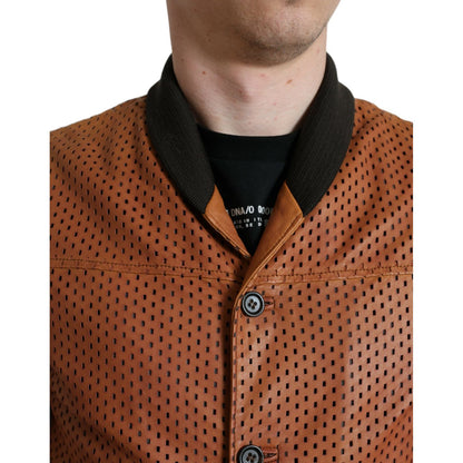 Dolce & Gabbana Brown Lambskin Leather Perforated Jacket 1728,67345645728,Bombers - Jackets & Coats - Clothing,Brown,Clothing,Dolce & Gabbana,IT44 | XS,IT46 | S,IT48 | M,Jackets & Coats - Clothing,Jackets - Men - Clothing,Leather Jackets - Jackets & Coats