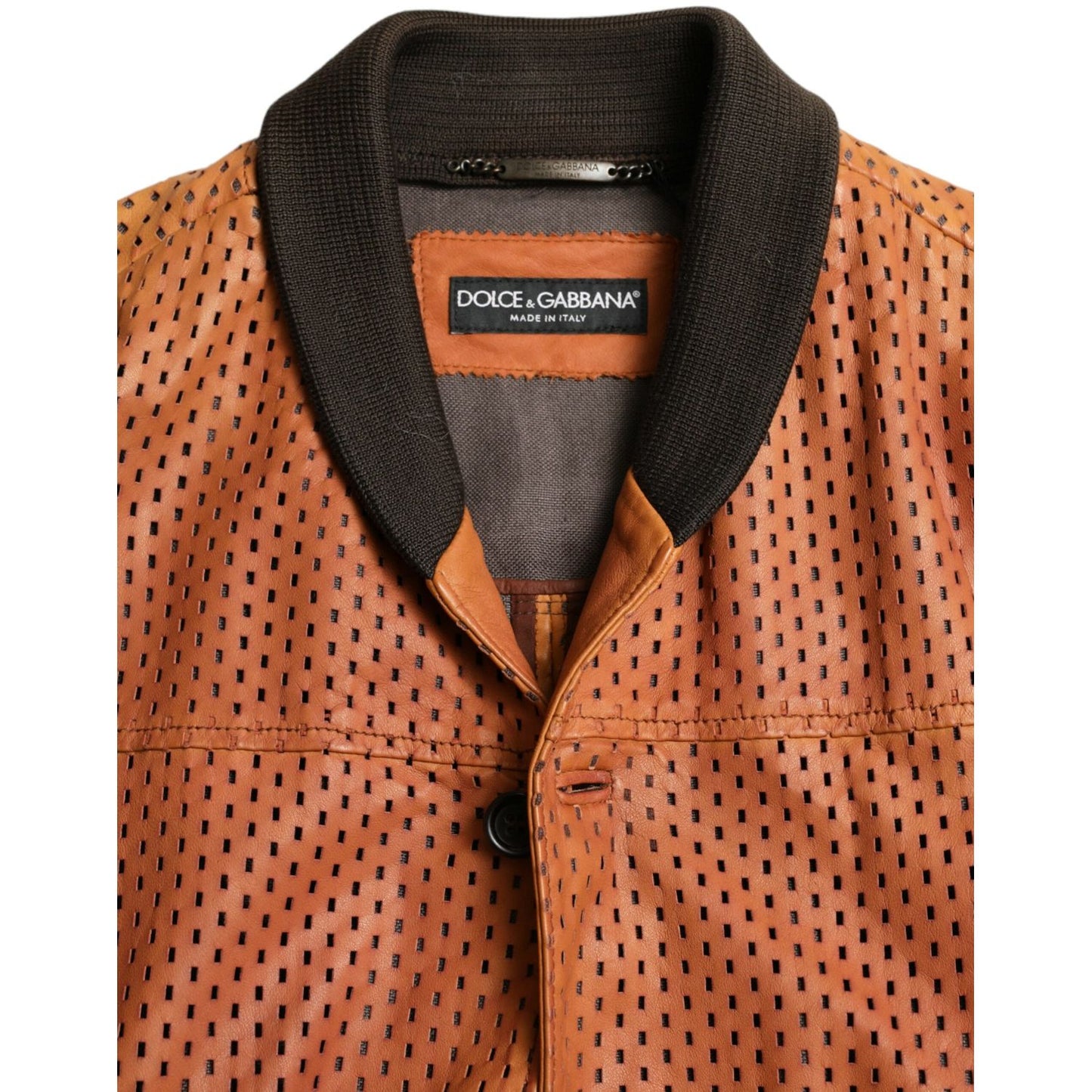 Dolce & Gabbana Brown Lambskin Leather Perforated Jacket 1728,67345645728,Bombers - Jackets & Coats - Clothing,Brown,Clothing,Dolce & Gabbana,IT44 | XS,IT46 | S,IT48 | M,Jackets & Coats - Clothing,Jackets - Men - Clothing,Leather Jackets - Jackets & Coats