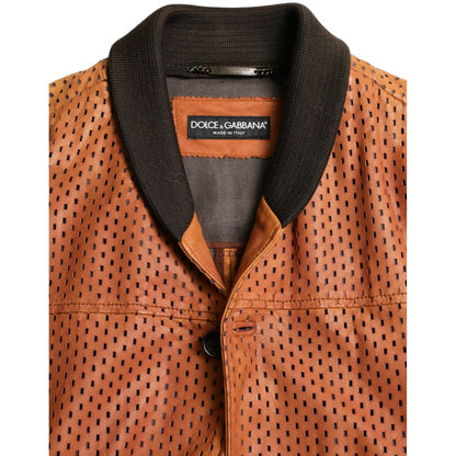 Dolce & Gabbana Brown Lambskin Leather Perforated Jacket 1728,67345645728,Bombers - Jackets & Coats - Clothing,Brown,Clothing,Dolce & Gabbana,IT44 | XS,IT46 | S,IT48 | M,Jackets & Coats - Clothing,Jackets - Men - Clothing,Leather Jackets - Jackets & Coats