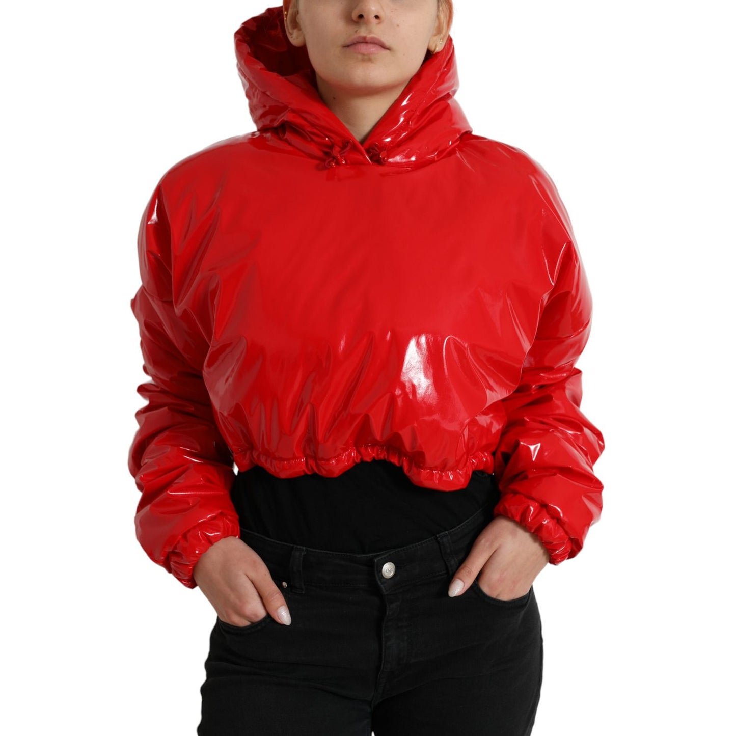 Dolce & Gabbana Shiny Red Hooded Cropped Short Coat Jacket 1728,67345645728,Bombers - Jackets & Coats - Clothing,Clothing,Dolce & Gabbana,IT40|S,Jackets & Coats - Clothing,Jackets & Coats - Women - Clothing,Material: 80% Polyester 12% Polyurethane 8% Elas