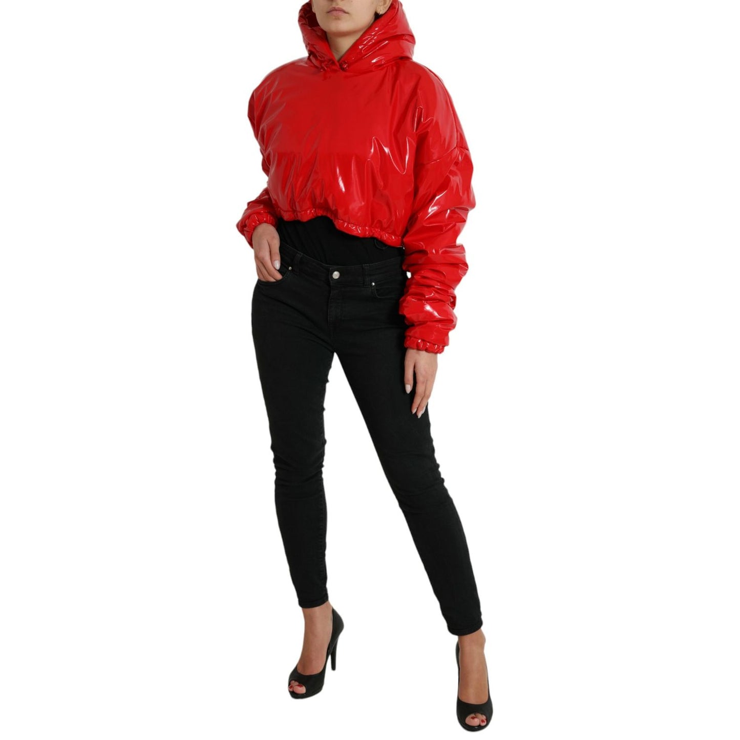 Dolce & Gabbana Shiny Red Hooded Cropped Short Coat Jacket 1728,67345645728,Bombers - Jackets & Coats - Clothing,Clothing,Dolce & Gabbana,IT40|S,Jackets & Coats - Clothing,Jackets & Coats - Women - Clothing,Material: 80% Polyester 12% Polyurethane 8% Elas
