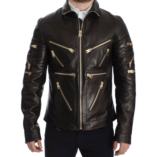 Dolce & Gabbana Elegant Brown Gold-Detailed Leather Jacket Dolce & Gabbana