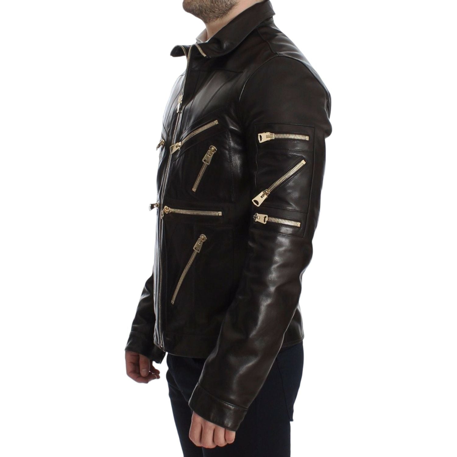 Dolce & Gabbana Brown Lambskin Leather Zipper Jacket