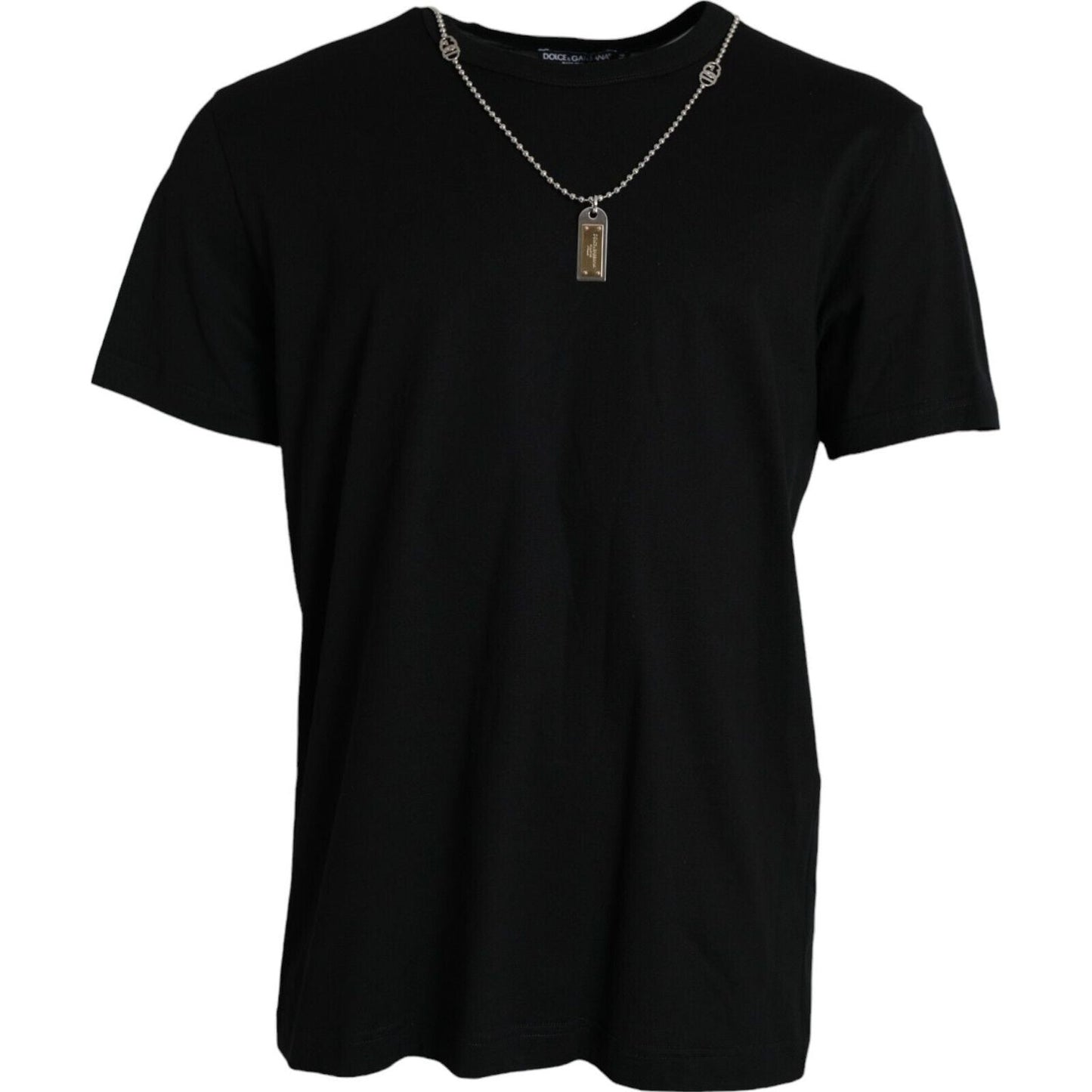 Dolce & Gabbana Elegant Black Cotton Crewneck Tee with Dog Tag Detail Dolce & Gabbana