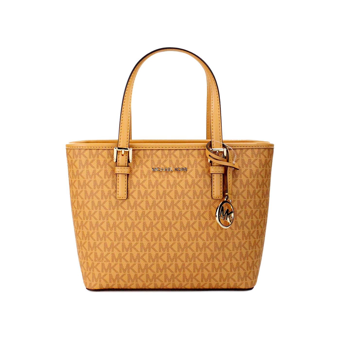 Michael Kors Jet Set Cider PVC Leather XS Carryall Top Zip Tote Bag Purse Michael Kors Sandy Brown