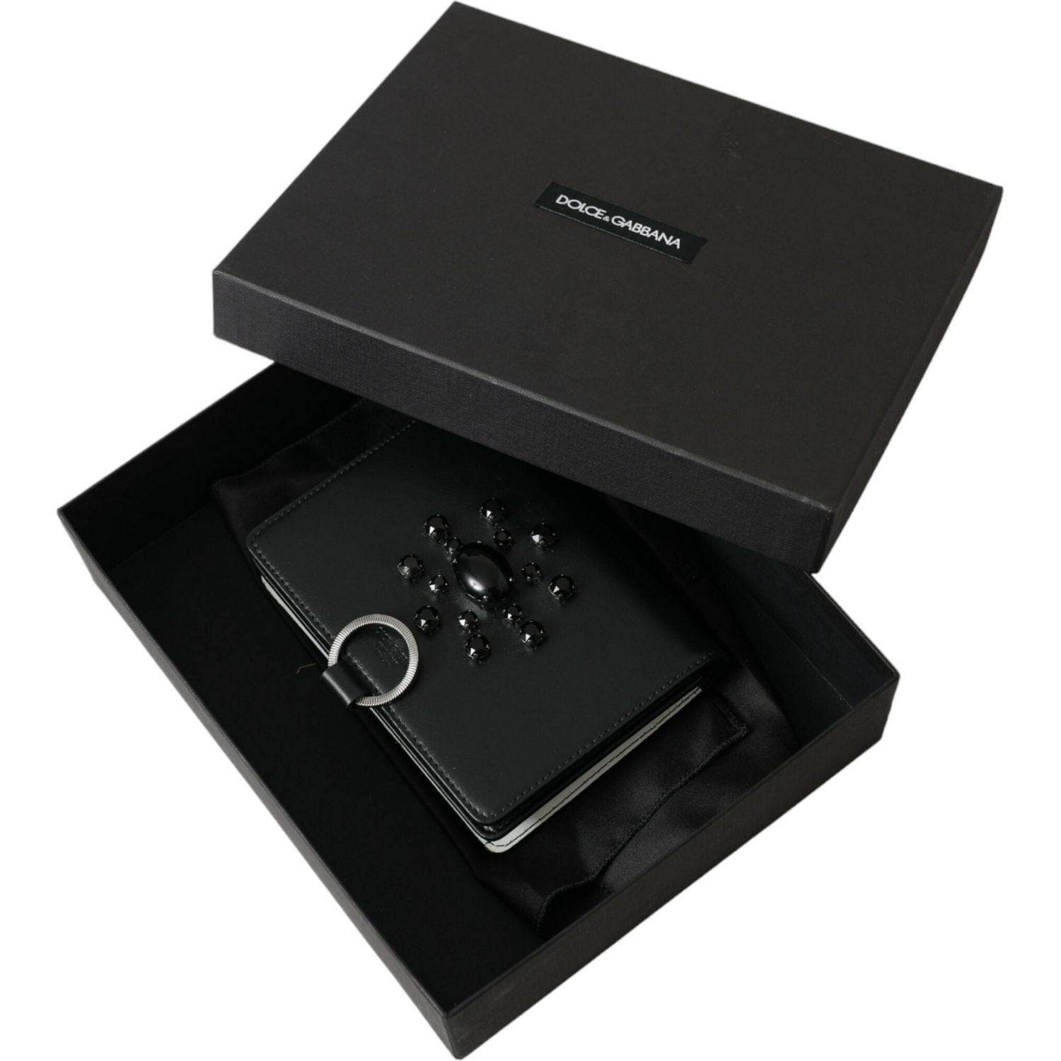 Dolce & Gabbana Black White Leather Crystal Embellished Cardholder Wallet