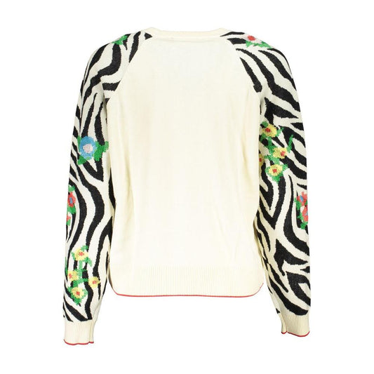 Desigual Elegant White Crew Neck Sweater with Contrast Details Desigual