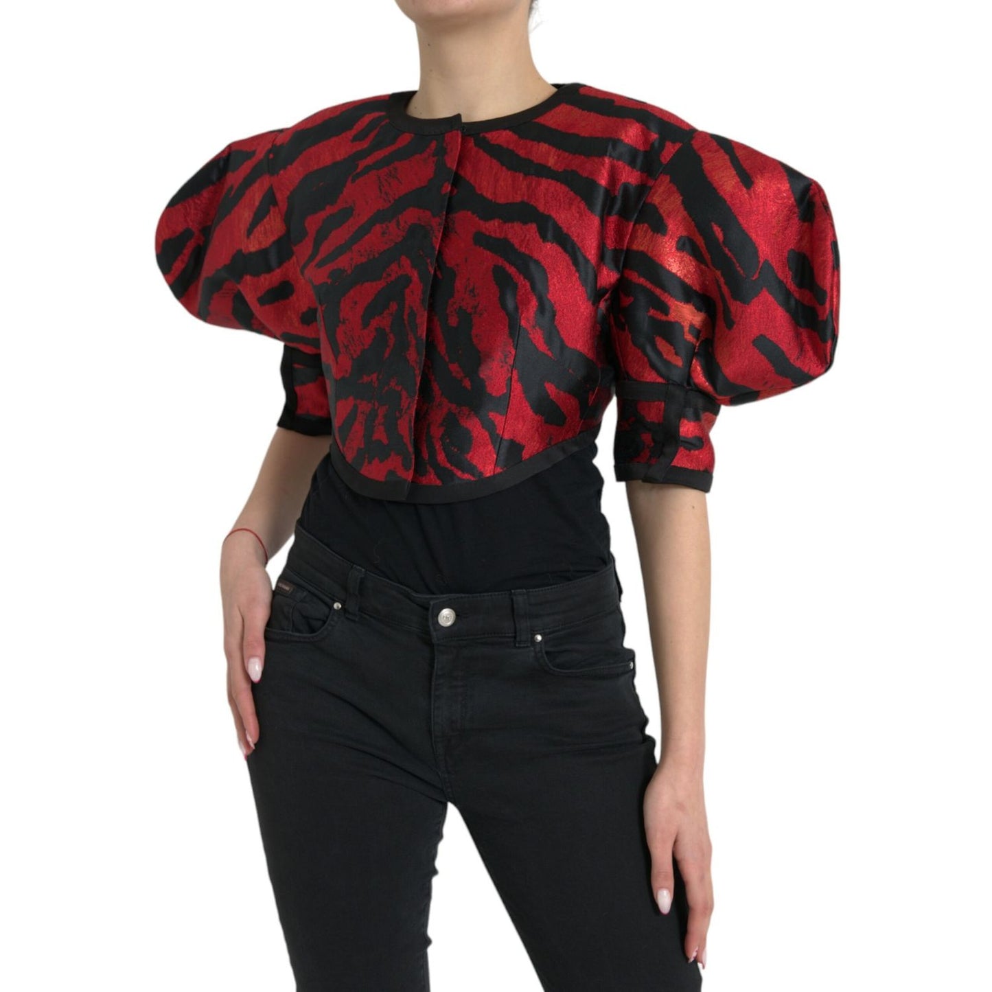 Dolce & Gabbana Black Red Patterned Cropped Coat Jacket 1728,67345645728,Black and Red,Clothing,Coats - Jackets & Coats - Clothing,Dolce & Gabbana,IT42|M,IT46|XL,Jackets & Coats - Clothing,Jackets & Coats - Women - Clothing,Material: 85% Polyester 7% Acet