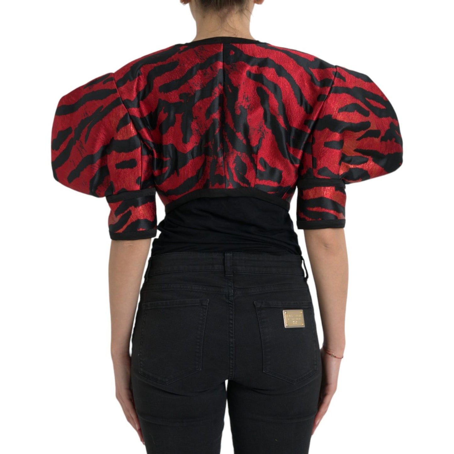 Dolce & Gabbana Black Red Patterned Cropped Coat Jacket 1728,67345645728,Black and Red,Clothing,Coats - Jackets & Coats - Clothing,Dolce & Gabbana,IT42|M,IT46|XL,Jackets & Coats - Clothing,Jackets & Coats - Women - Clothing,Material: 85% Polyester 7% Acet
