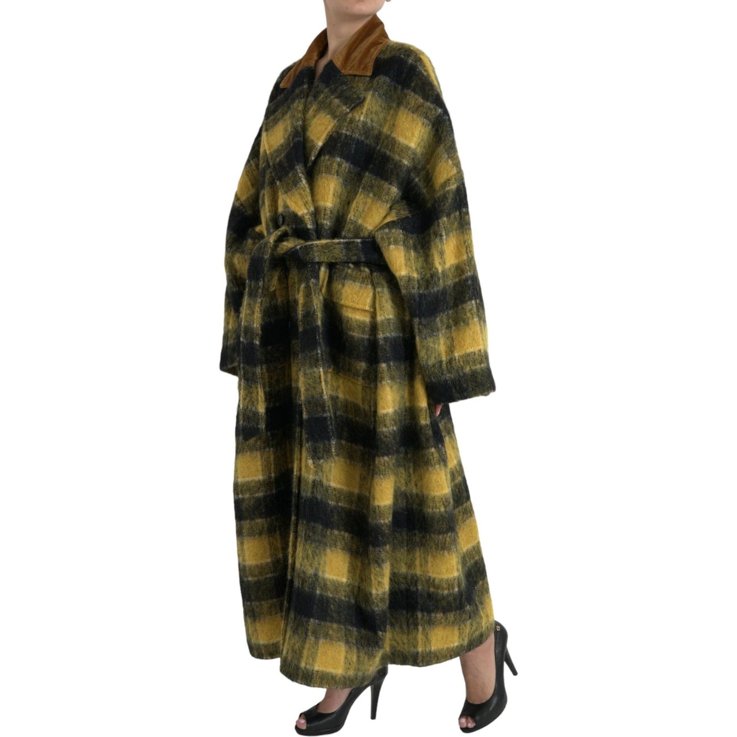 Dolce & Gabbana Chic Checkered Long Trench Coat in Sunny Yellow Dolce & Gabbana