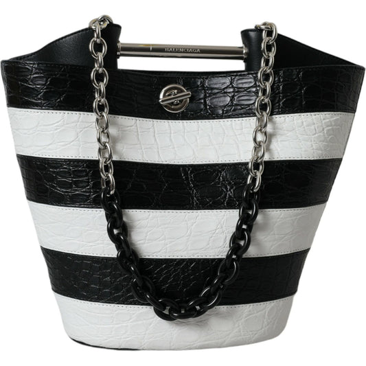 Balenciaga Black White Striped Exotic Skin Leather Maxi Bucket Tote Bag