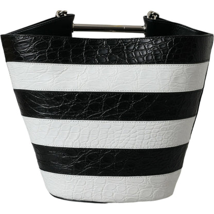 Balenciaga Black White Striped Exotic Skin Leather Maxi Bucket Tote Bag