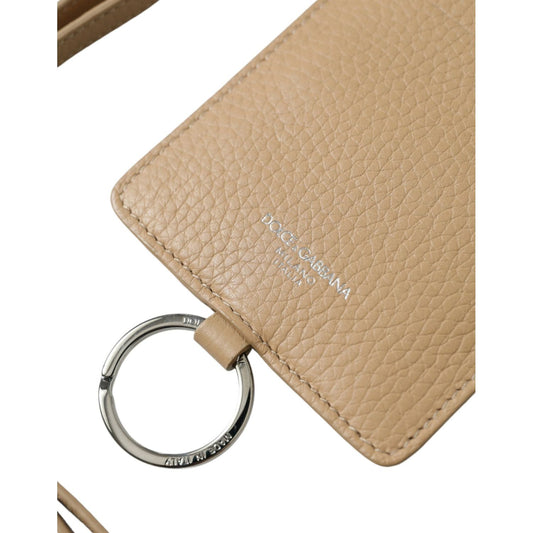 Beige Calf Leather Lanyard Logo Card Holder Wallet