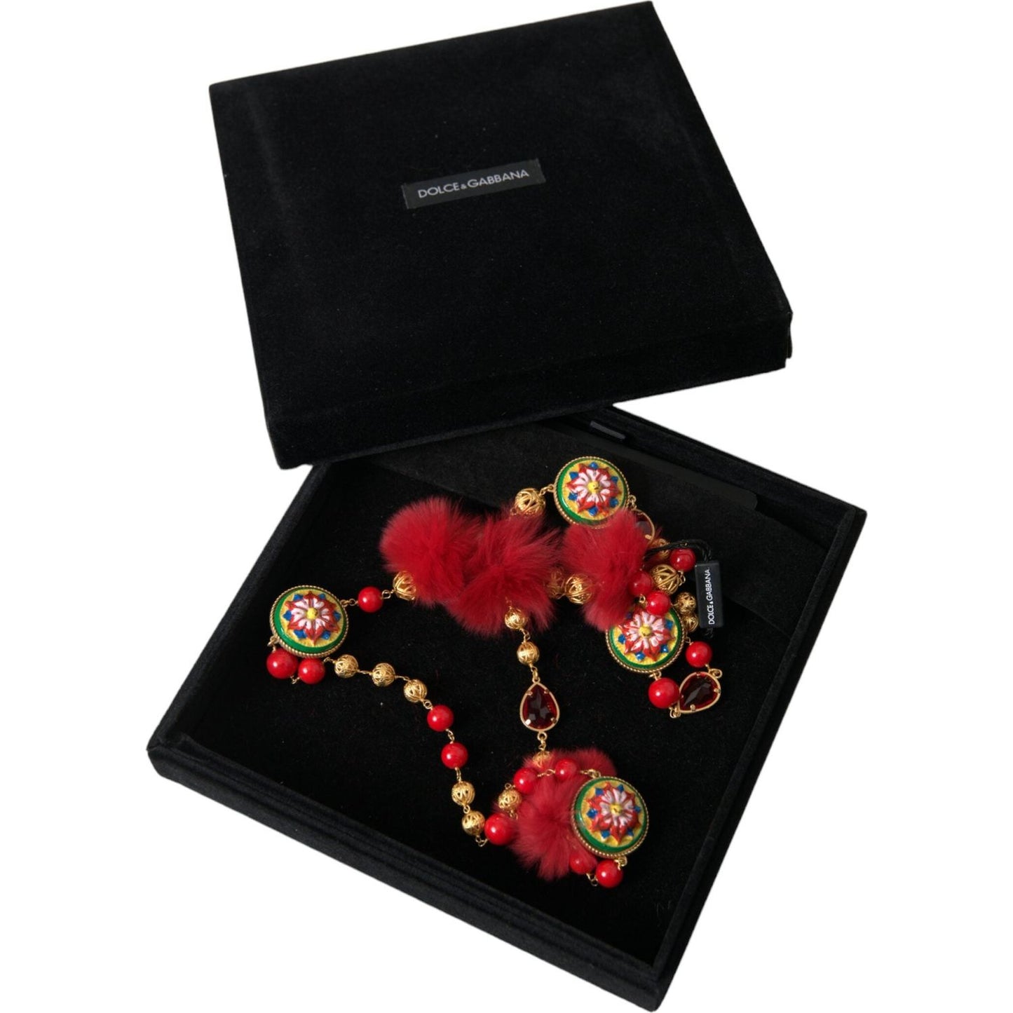 Dolce & Gabbana Gold Brass Red Fur Crystal Carretto Chain Necklace Necklace Dolce & Gabbana