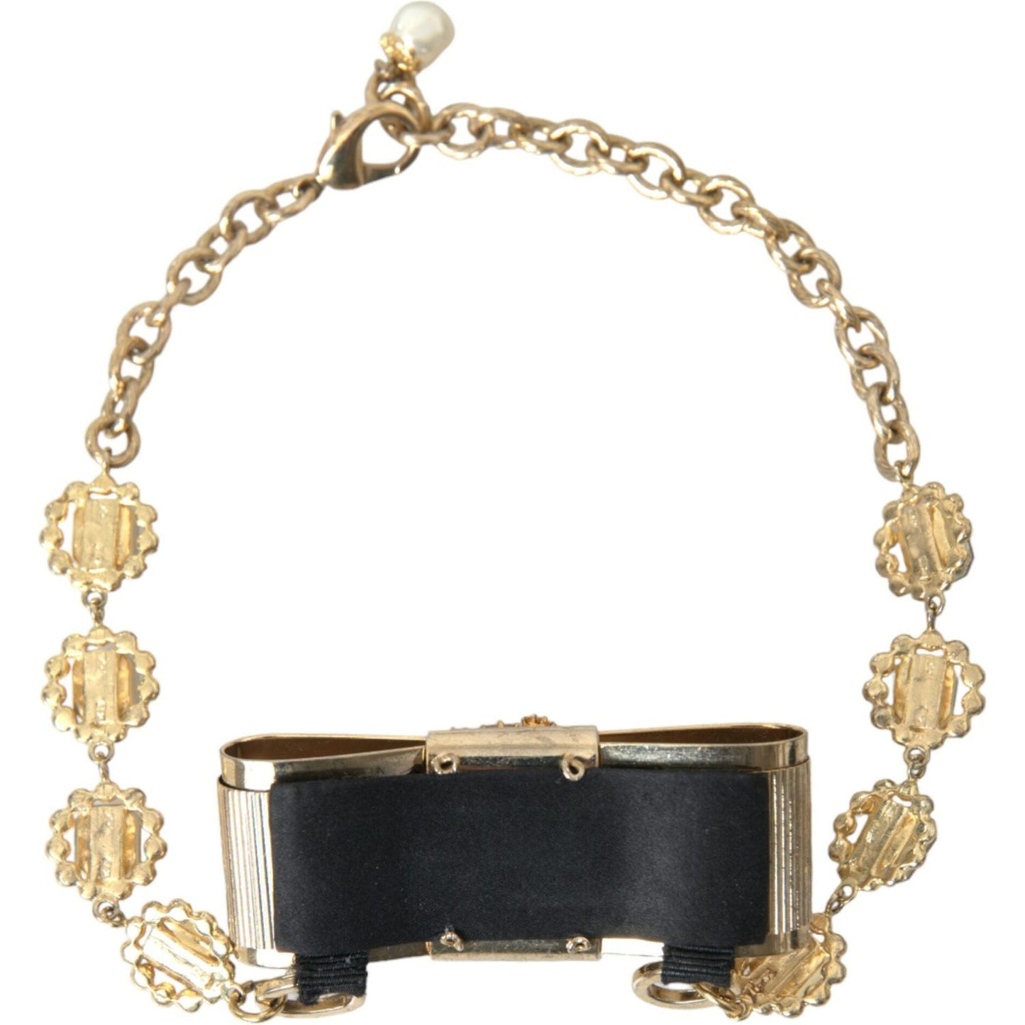 Dolce & Gabbana Gold Brass Clear Crystal Bow Chain Choker Necklace Necklace Dolce & Gabbana