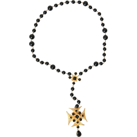 Dolce & Gabbana Gold Tone Brass Cross Black Beaded Chain Rosary Necklace Necklace Dolce & Gabbana