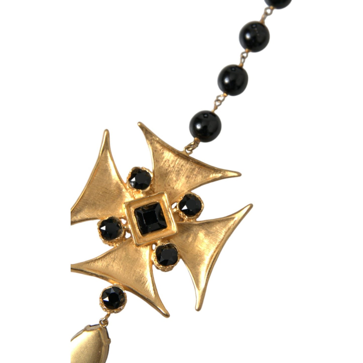 Dolce & Gabbana Gold Tone Brass Cross Black Beaded Chain Rosary Necklace Necklace Dolce & Gabbana