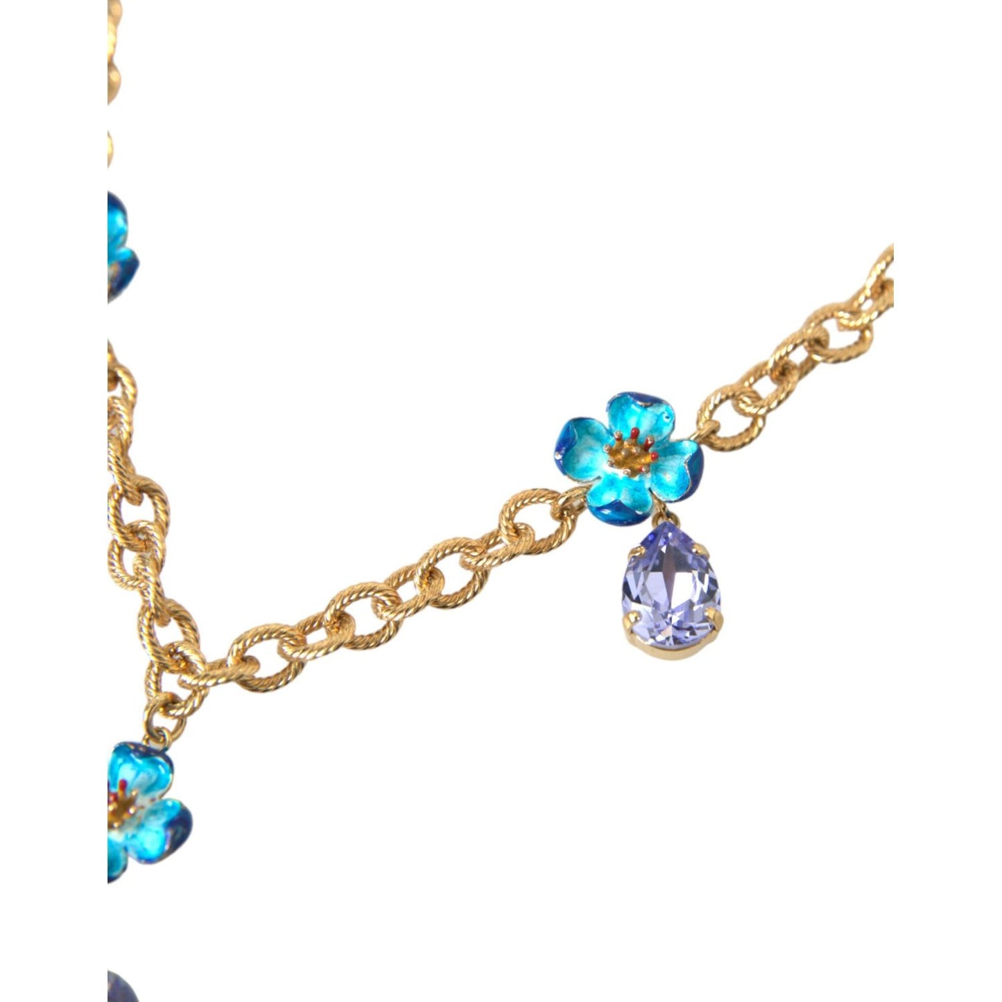 Dolce & Gabbana Gold Brass Chain Crystal Floral Pendant Charm Necklace Necklace Dolce & Gabbana