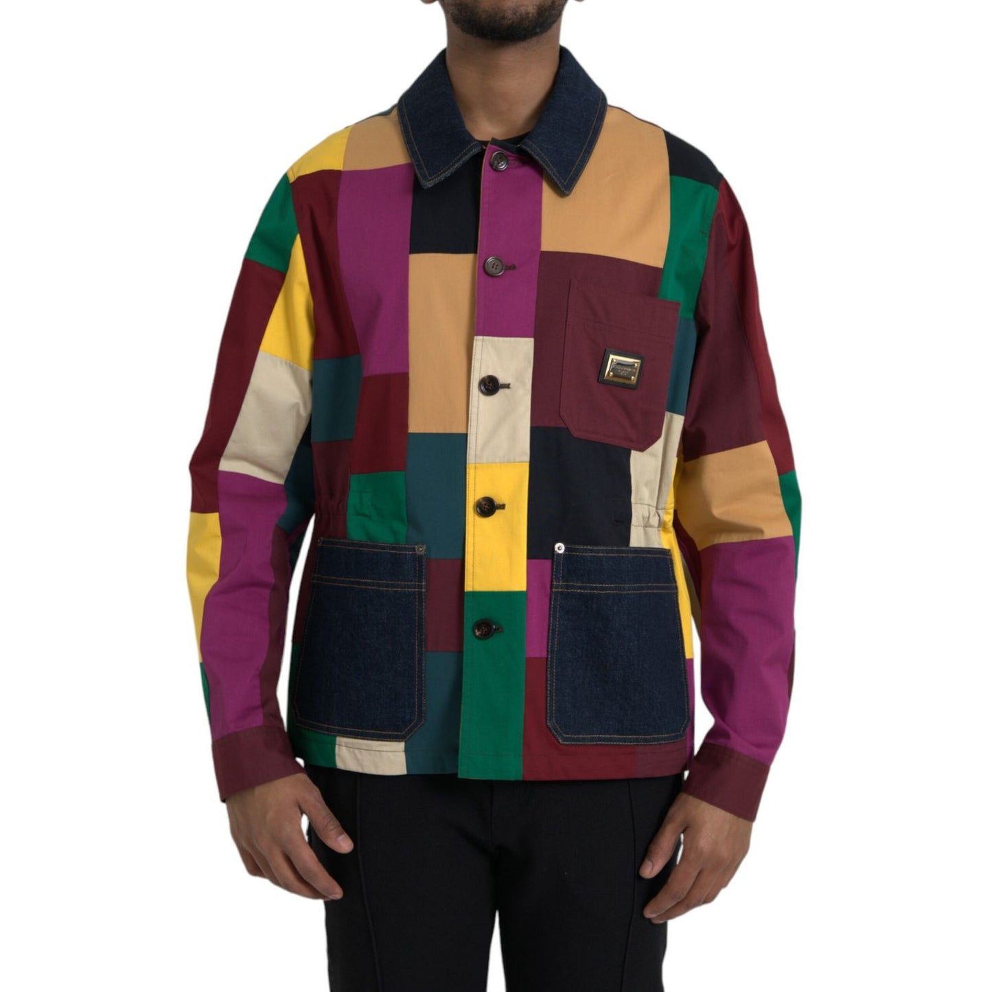 Dolce & Gabbana Multicolor Patchwork Cotton Collared Jacket 1728,67345645728,Clothing,Denim Jackets - Jackets & Coats - Clothing,Dolce & Gabbana,IT48 | M,Jackets & Coats - Clothing,Jackets - Men - Clothing,Material: 99% Cotton 1% Elastane,Men,Multicolor,N