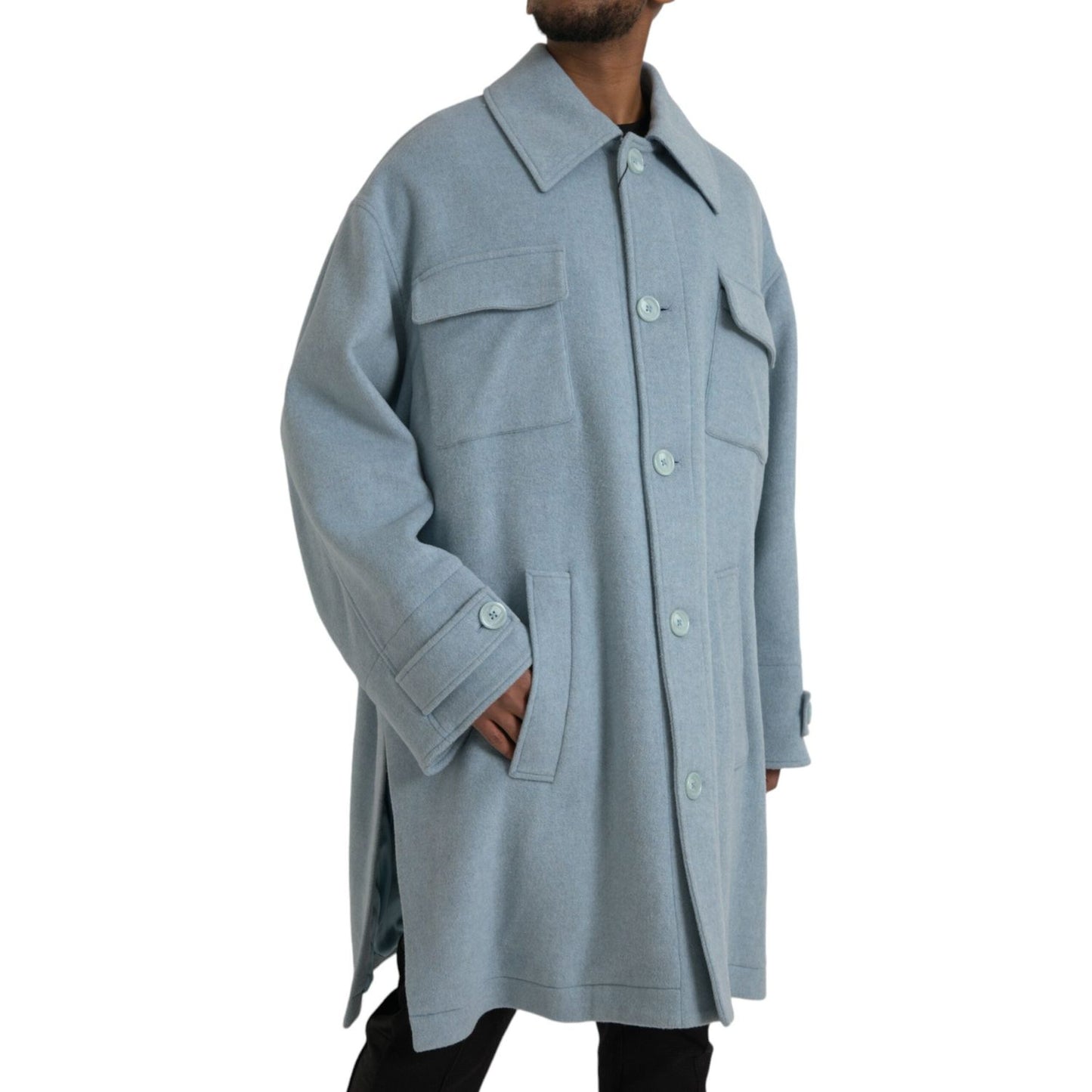 Dolce & Gabbana Light Blue Wool Button Trench Coat Jacket Dolce & Gabbana